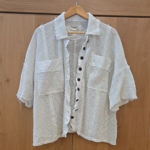 We The Free Lightweight White Open-Knit Button Shirt Jacket, Frayed Edges, S/XS